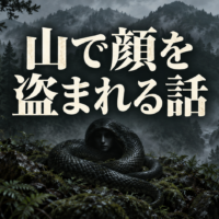 霧の深い山林にうずくまる、人の顔を思わせる蛇。題名は山で顔を盗まれる話。