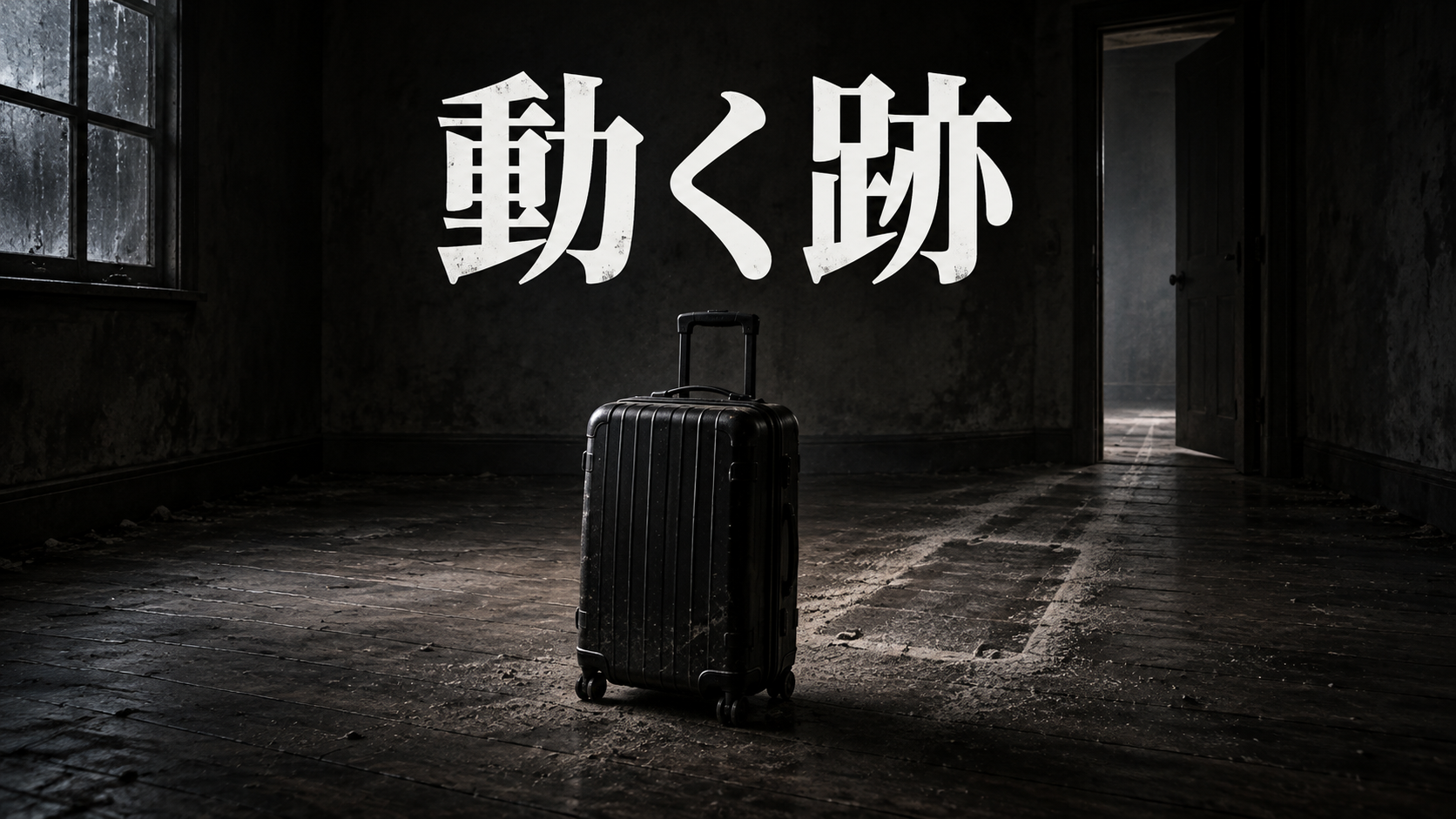 空き部屋の黒いキャリーバッグと「動く跡」の題名