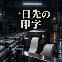 夜の無人の食品工場と、白いラベルを吐き出す印字機。題名は一日先の印字。