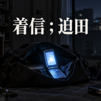 暗い部屋の鞄の中で光る水色の折り畳み携帯電話