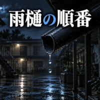 夜の中庭にある雨樋と落ちる水滴