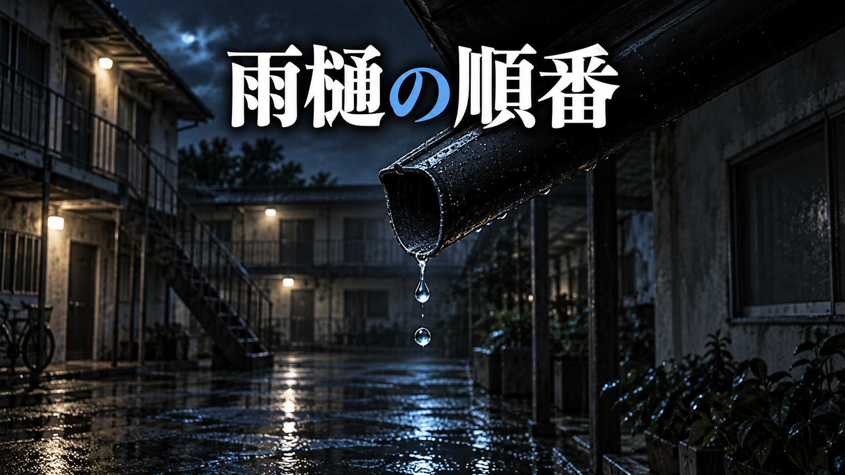 夜の中庭にある雨樋と落ちる水滴