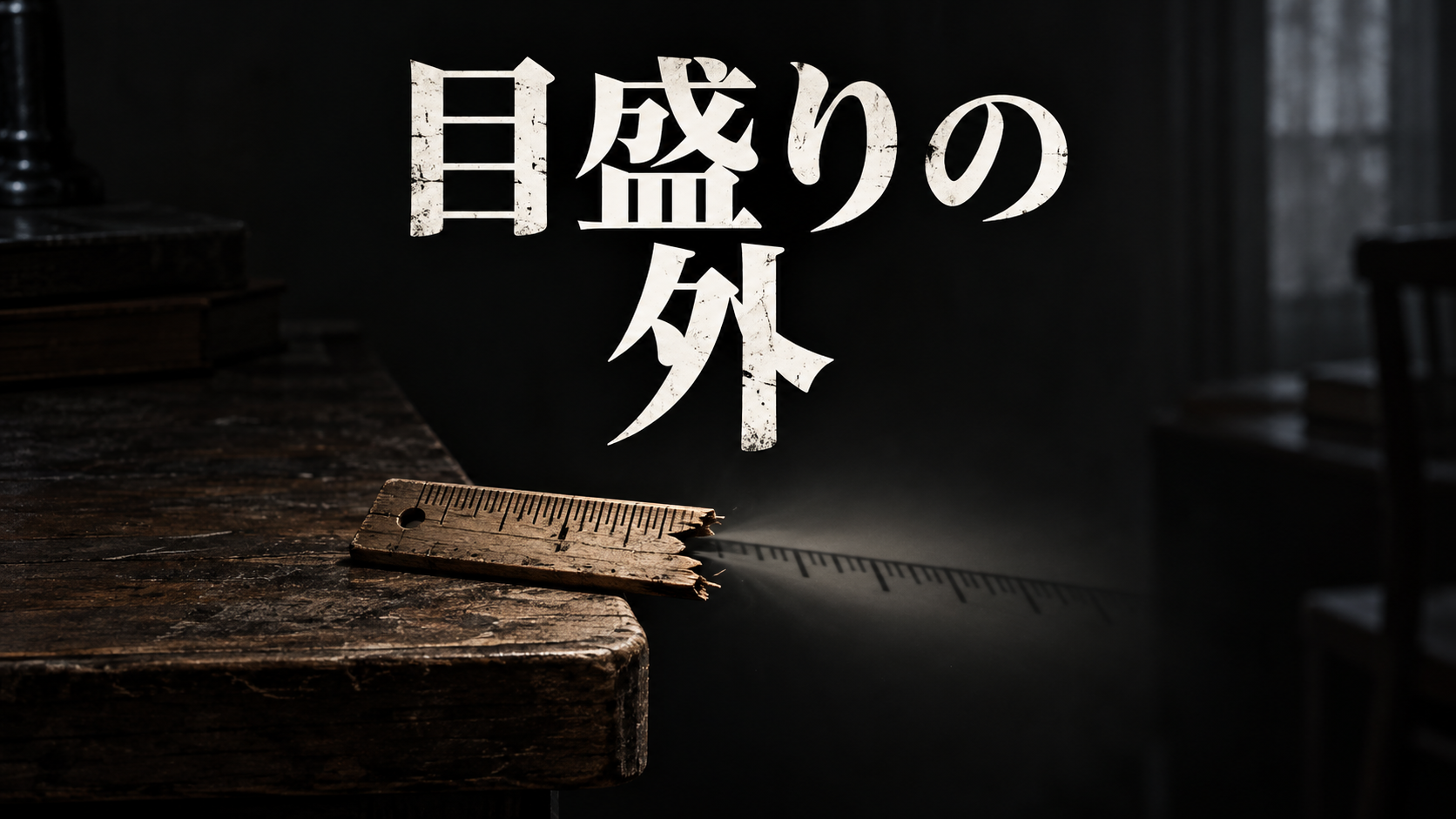 折れた木の物差しと、その先に続く影