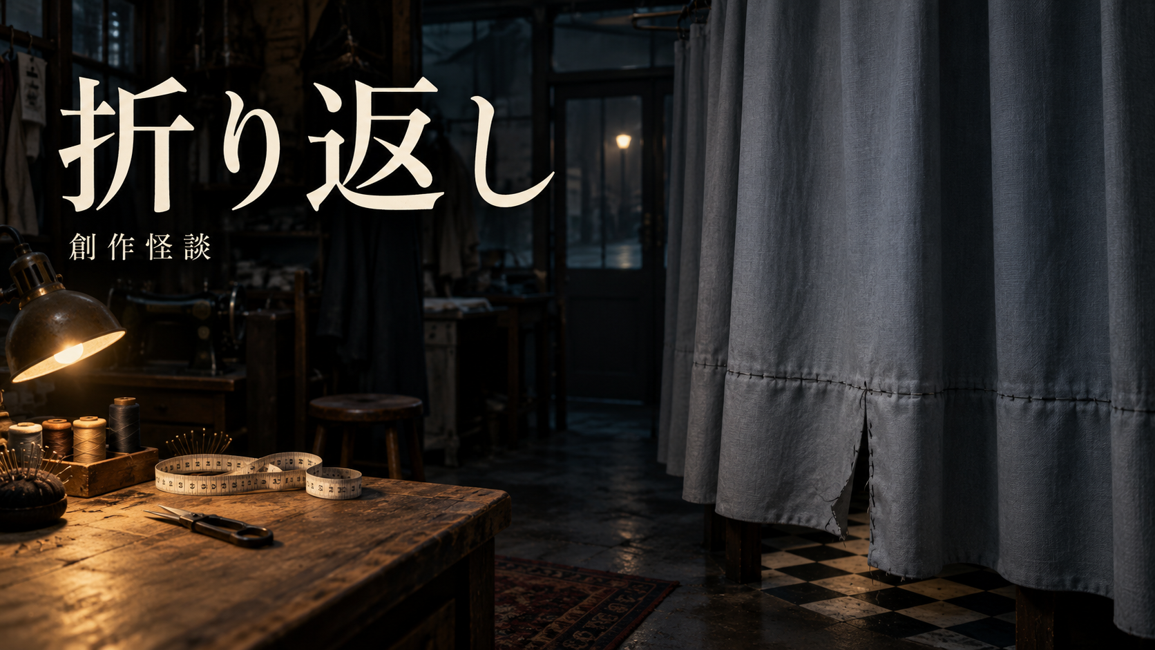 洋服直し店の作業灯と、黒い糸で深く裾を縫い留めた灰色のカーテン。タイトルは折り返し。