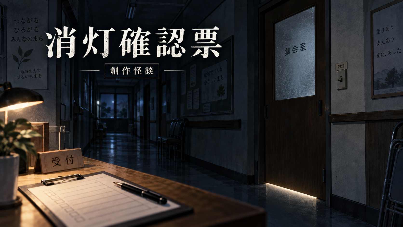 夜の集会所のドアから漏れる光と点検票