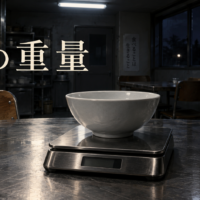食堂の作業台にある秤と空の白い茶碗