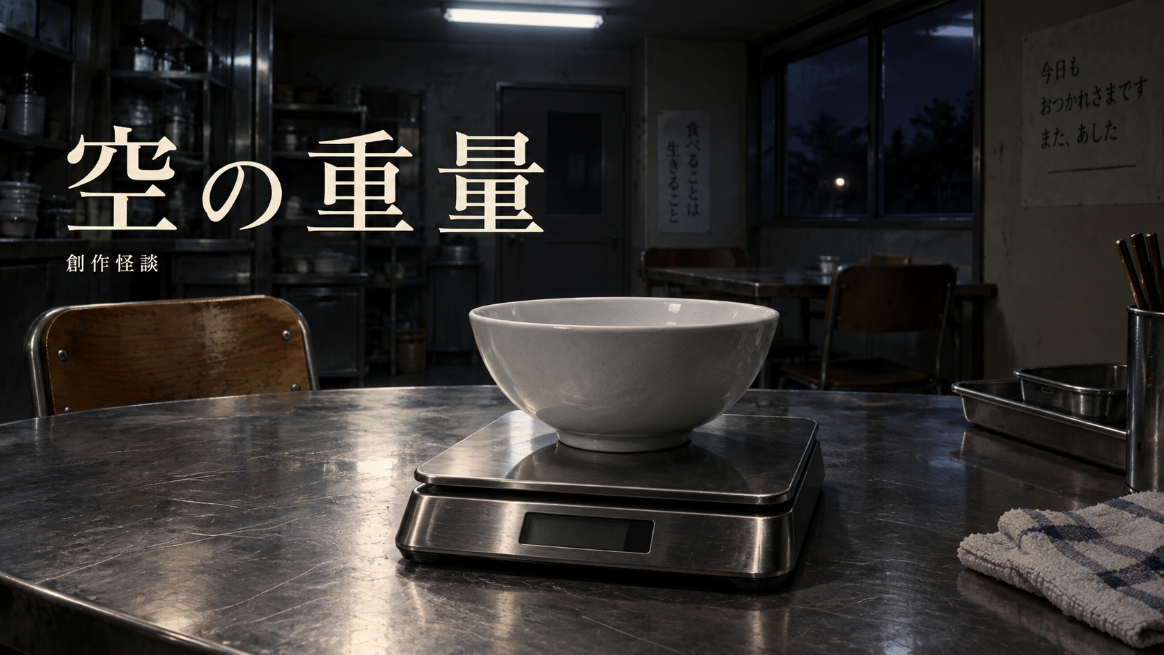 食堂の作業台にある秤と空の白い茶碗