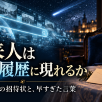 検索画面、彗星、招待状、空席を組み合わせた未来人の痕跡を探す記事のイメージ。文字：未来人は検索履歴に現れるか。