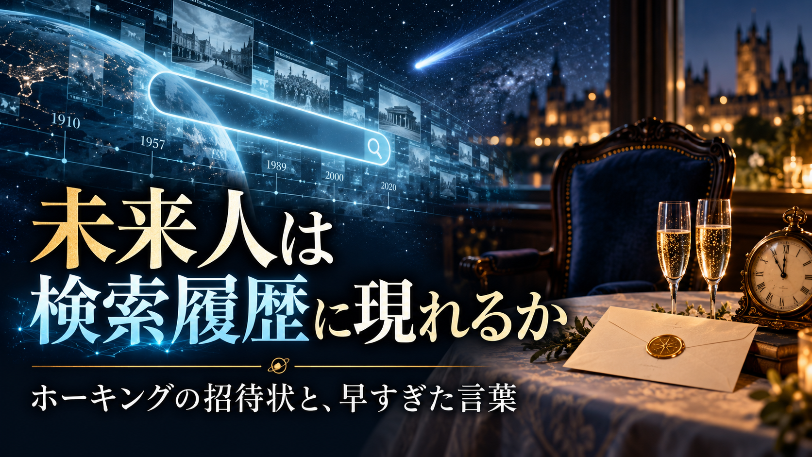 検索画面、彗星、招待状、空席を組み合わせた未来人の痕跡を探す記事のイメージ。文字：未来人は検索履歴に現れるか。