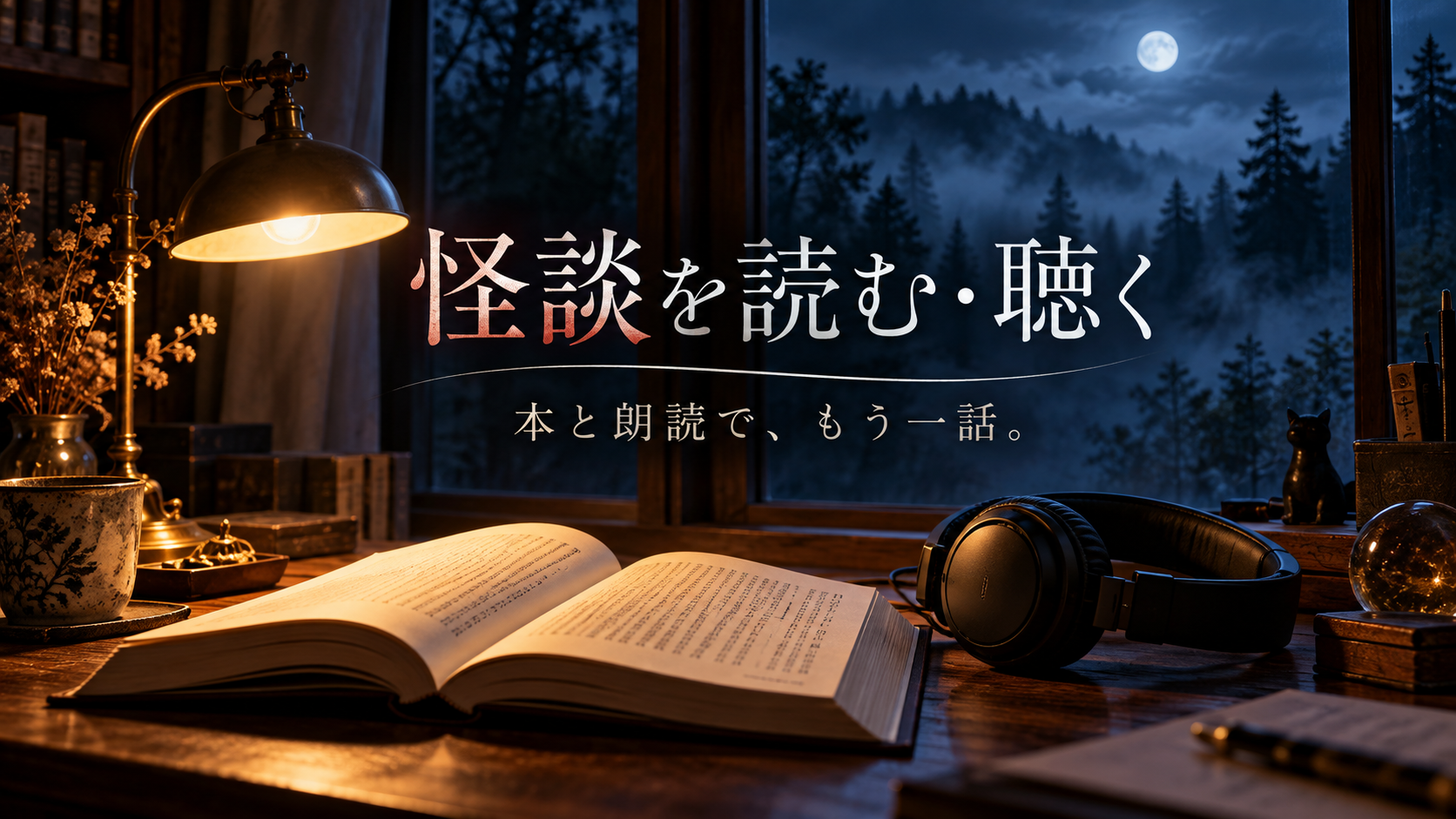 夜の書斎の開いた本とヘッドホン。怪談を読む・聴く、本と朗読で、もう一話。