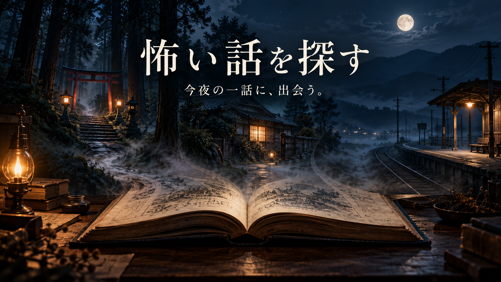 開いた本から、霧の山道、古い家、夜の駅へと道が続く「怖い話を探す」の案内画像