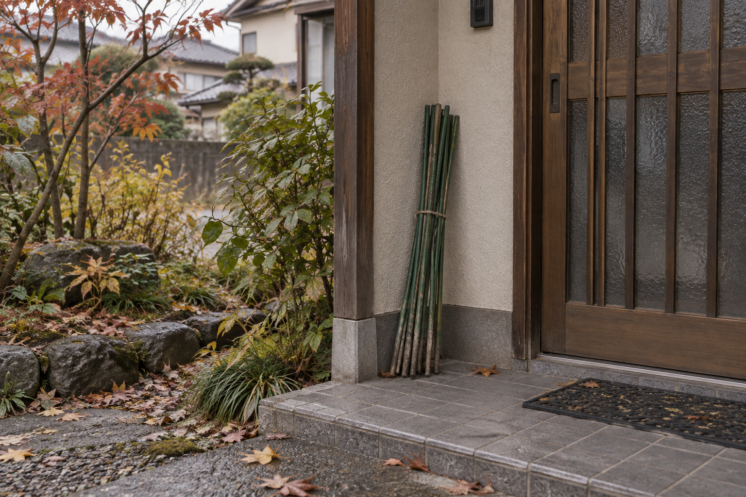 町の私宅の玄関脇に、使い込まれた緑の園芸用支柱が束ねて立てかけられている。
