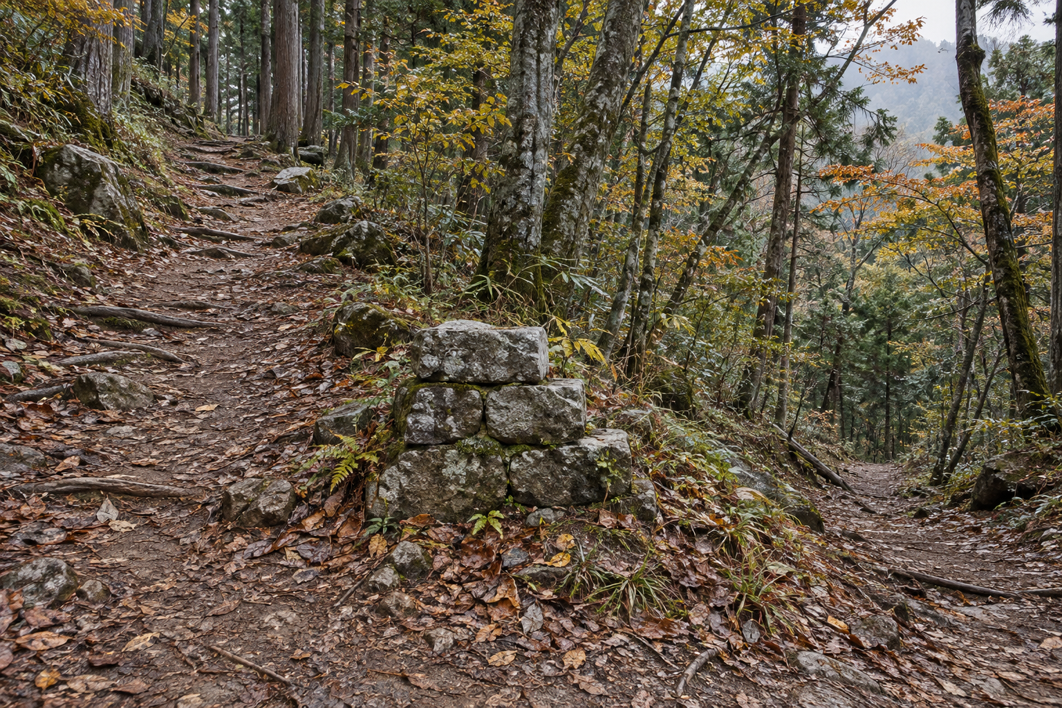 秋の山林にある低い石積み。左に通常道、右に低い枝の向こうへ消える脇道が見える。
