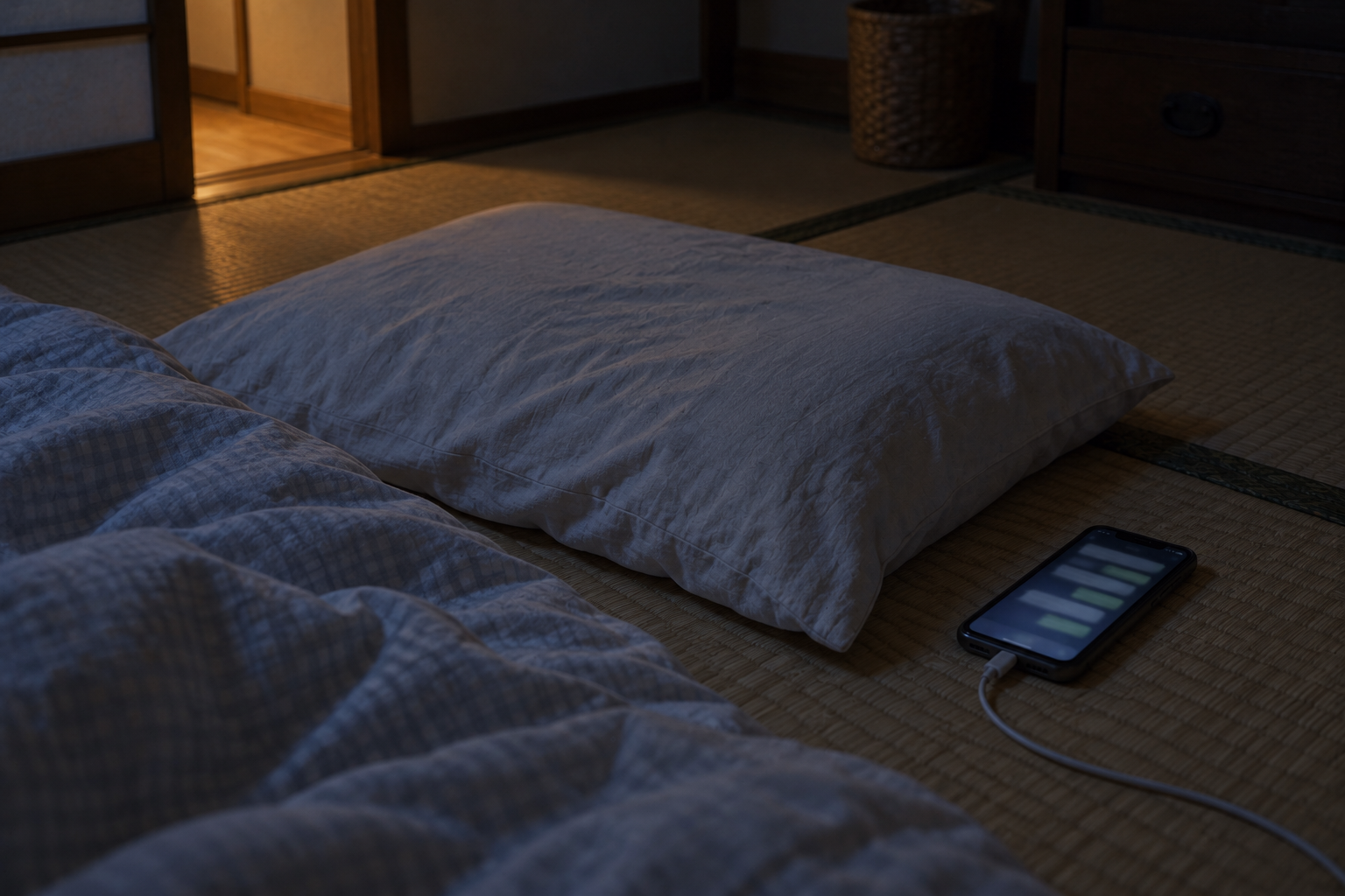 暗い和室の布団と枕の脇に置かれた充電中の携帯電話。画面の文字は判読できない。