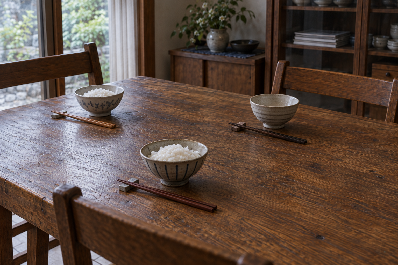 朝の木の食卓に並ぶ三つの茶碗と箸。二つの茶碗にご飯が入り、一つは空いている。
