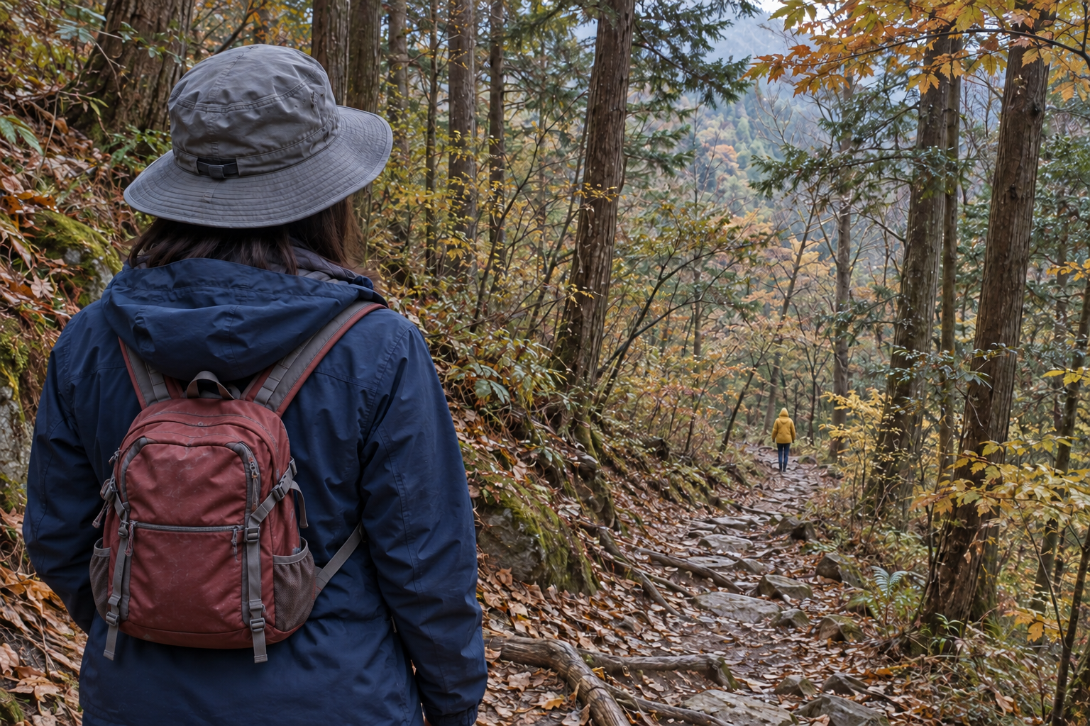薄暗い山道の先に見える、小さな黄色い背中。