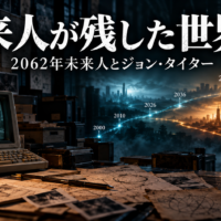 古いコンピューターと分岐する年代の線、匿名の人影を描いた未来人考察記事のイメージイラスト