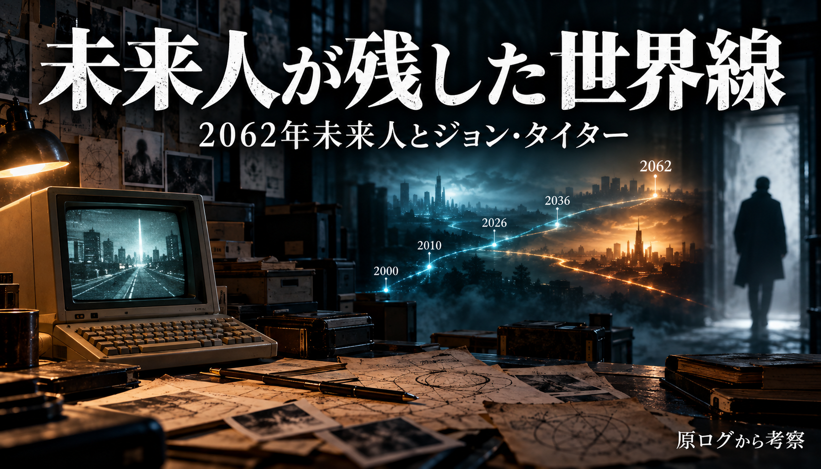 古いコンピューターと分岐する年代の線、匿名の人影を描いた未来人考察記事のイメージイラスト