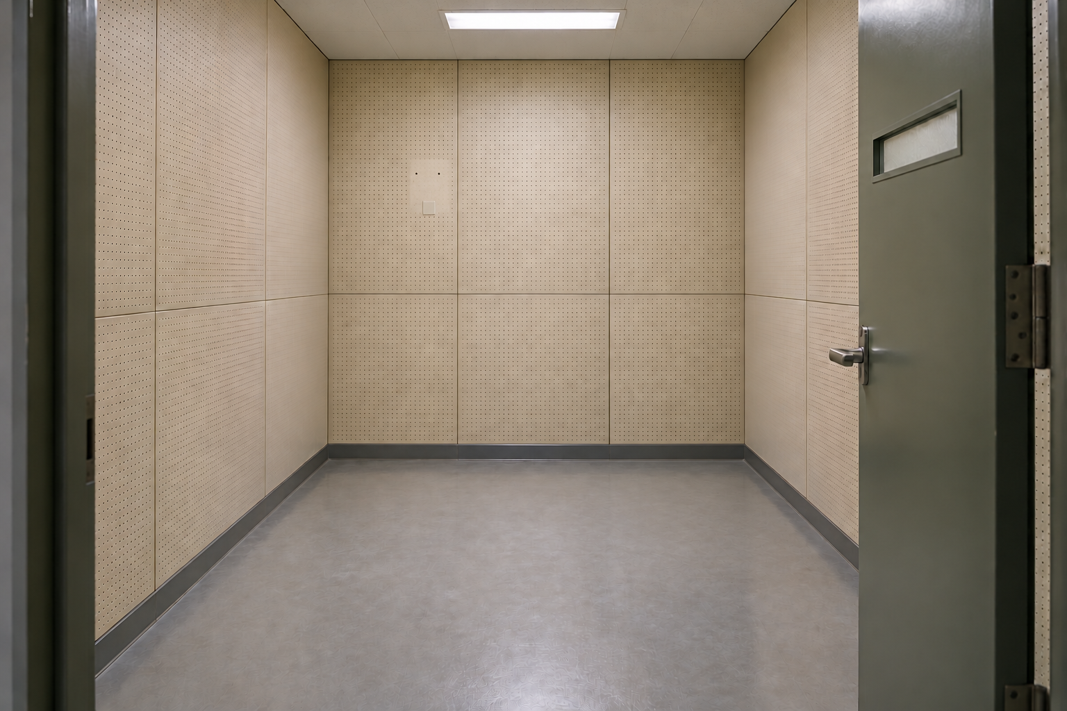 椅子とスピーカーが撤去された試聴室。扉が開き、壁には取り外し跡が残っている。