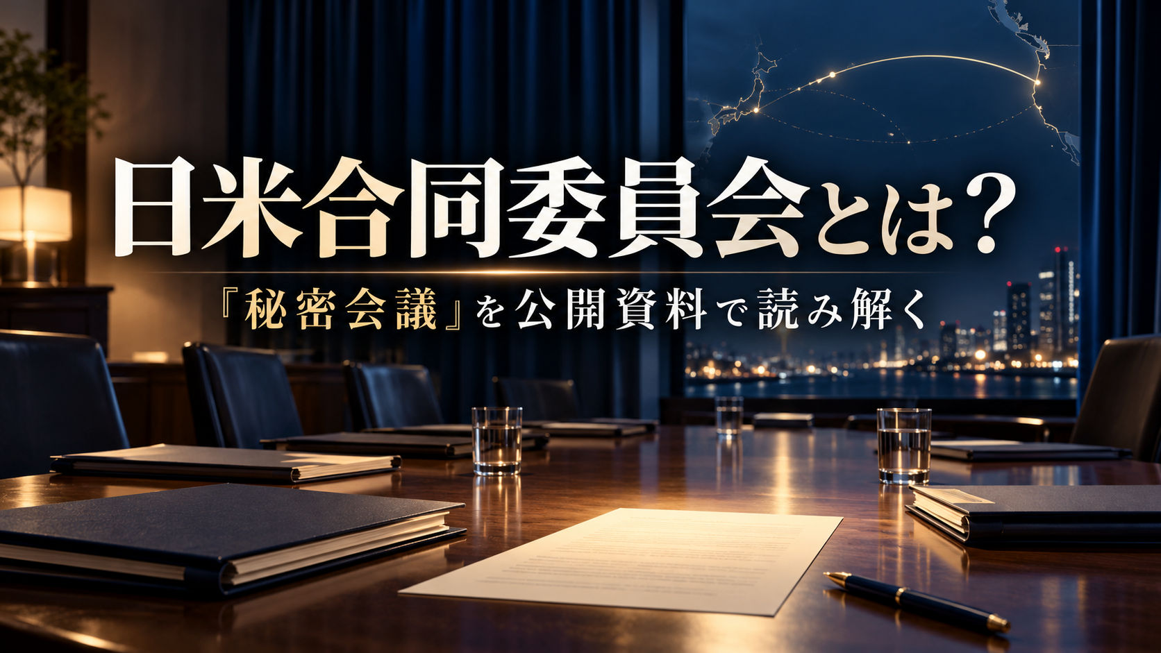 無人の会議室と資料を背景に「日米合同委員会とは？ 秘密会議を公開資料で読み解く」と記したイメージ画像