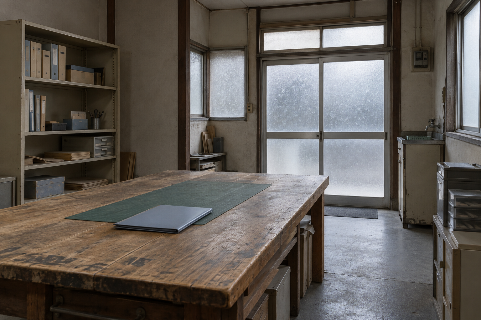 閉鎖を控えた無人の作業室。木の作業台に緑のカッティングマットと青灰色のファイルがあり、奥にベージュの金属書棚と曇りガラスの引戸が見える。