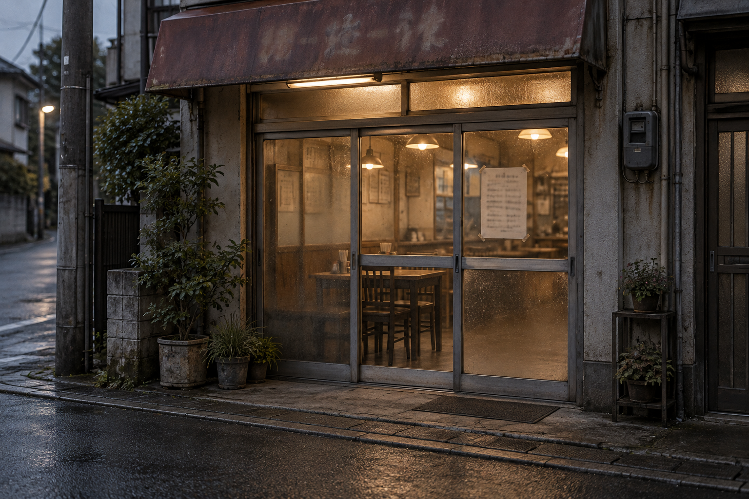 夕方の小さな食堂の入口。ガラス戸に定食を知らせる紙が貼られ、室内に温かな灯りがともる。