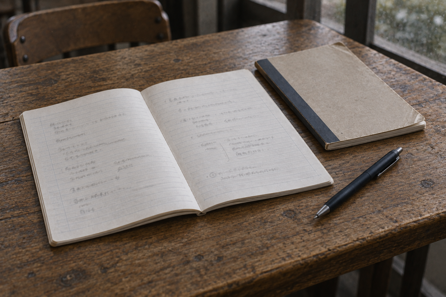 喫茶店の木のテーブルに置かれた二冊の薄い大学ノートとペン。