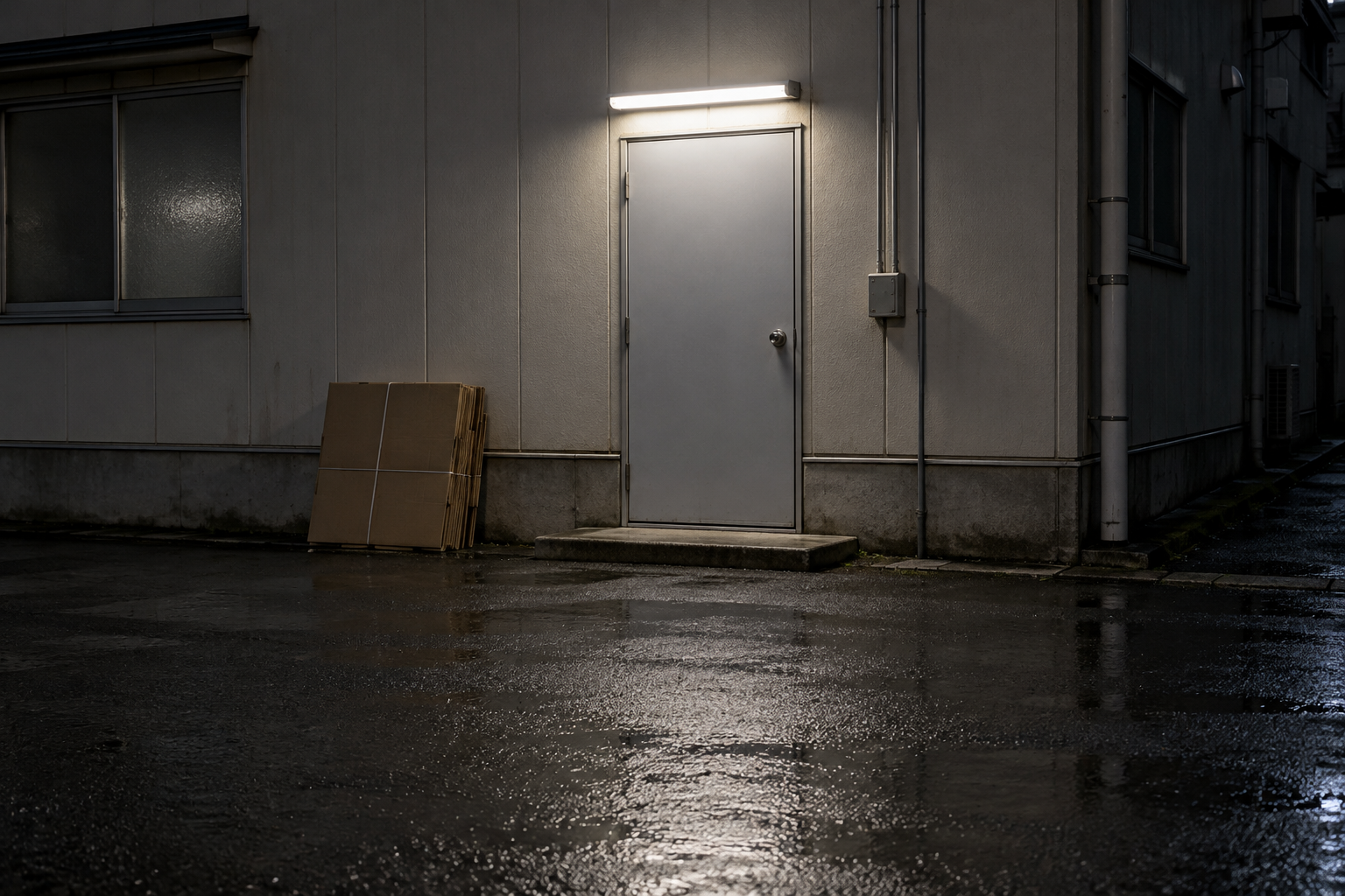 雨上がりの夜、小さな発送作業所の裏口。灰色の金属扉の上の白い灯りが濡れた地面を照らす。
