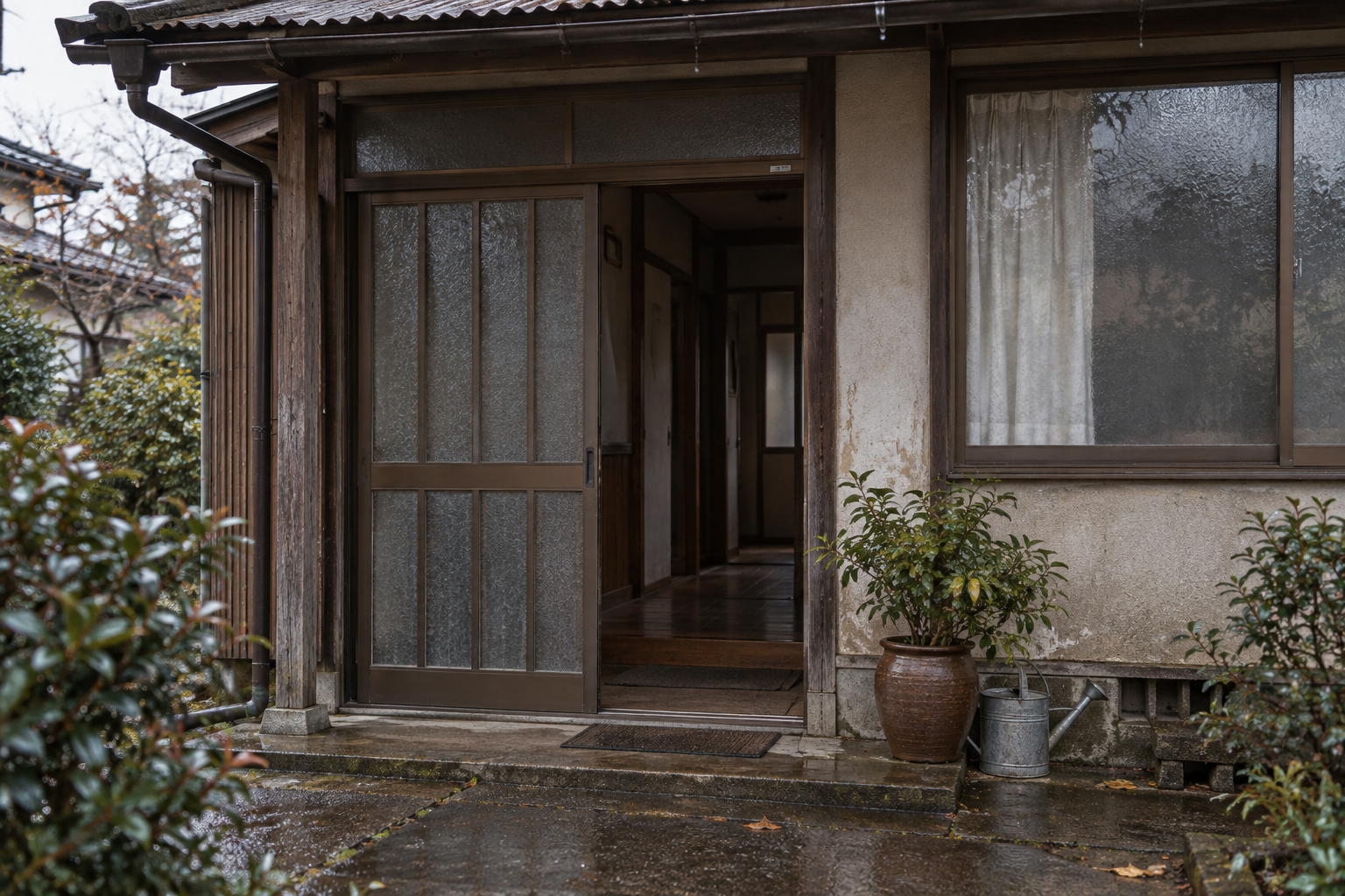 雨上がりの私宅の玄関。低いトタンの庇に水滴が残り、引戸が開いている。
